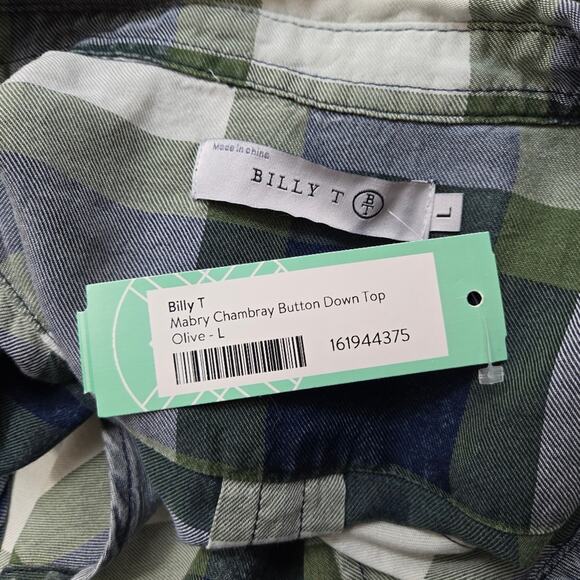 NWT Billy T Mabry Chambray Button Down Top Blue Green Plaid Size Large - Picture 5 of 7